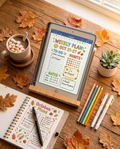 Overhead flat-lay of a child's study desk with the Amberwell Child Study Planner open on a tablet