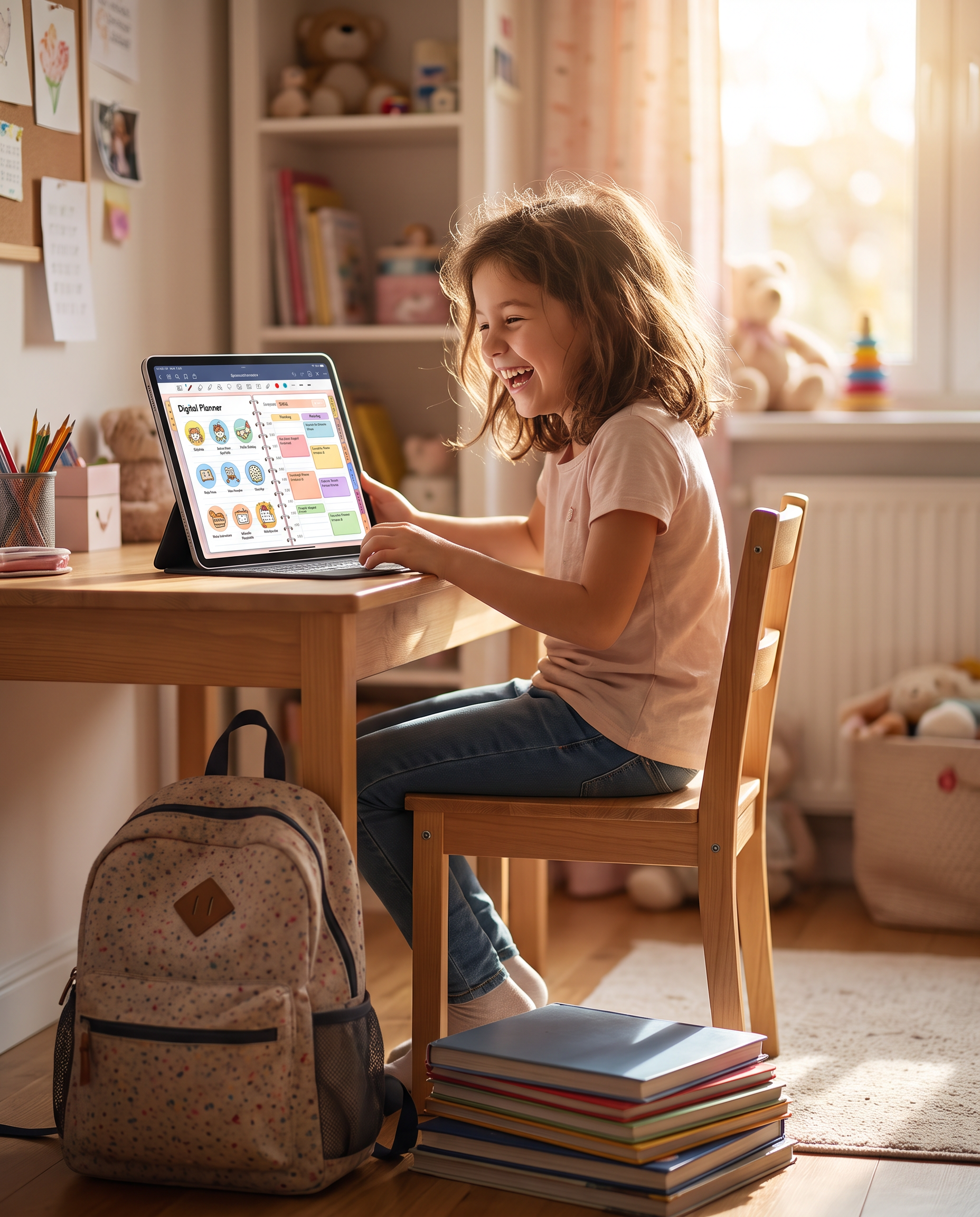 Happy child at a bedroom desk using the Amberwell Child Study Planner on a tablet