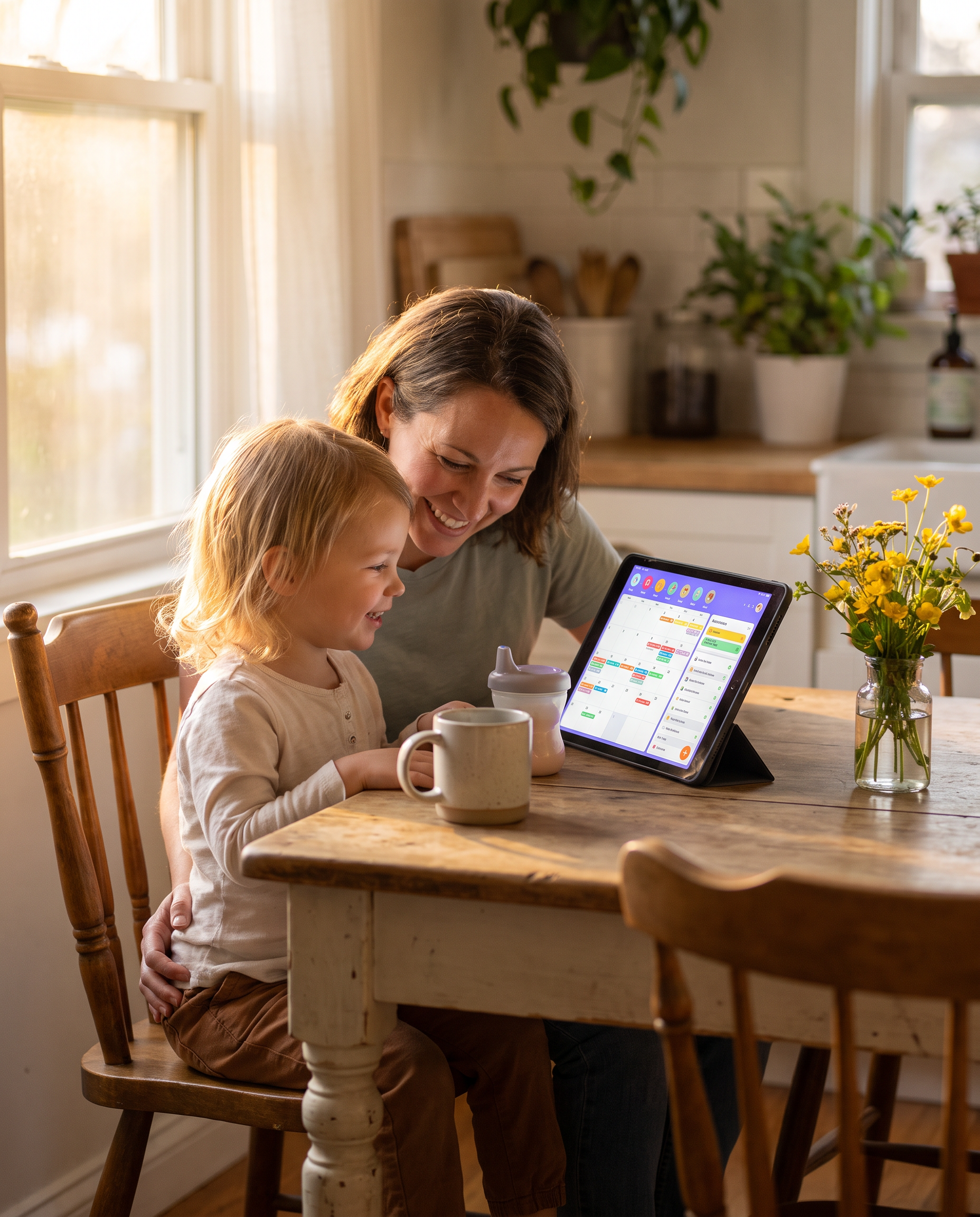 Parent and child reviewing the Amberwell Child Study Planner together at the kitchen table