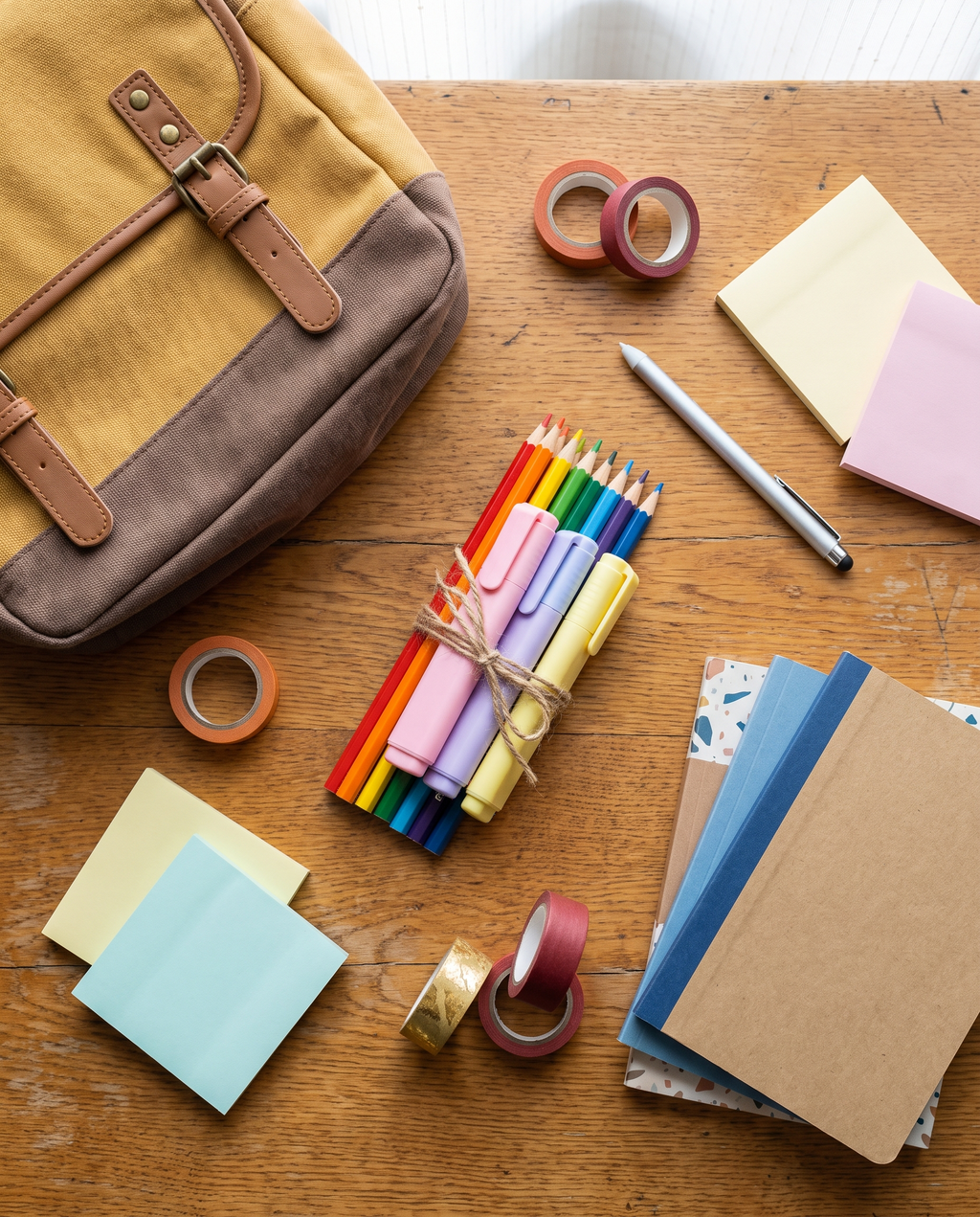 Flat-lay of colorful school supplies for using the Amberwell Child Study Planner