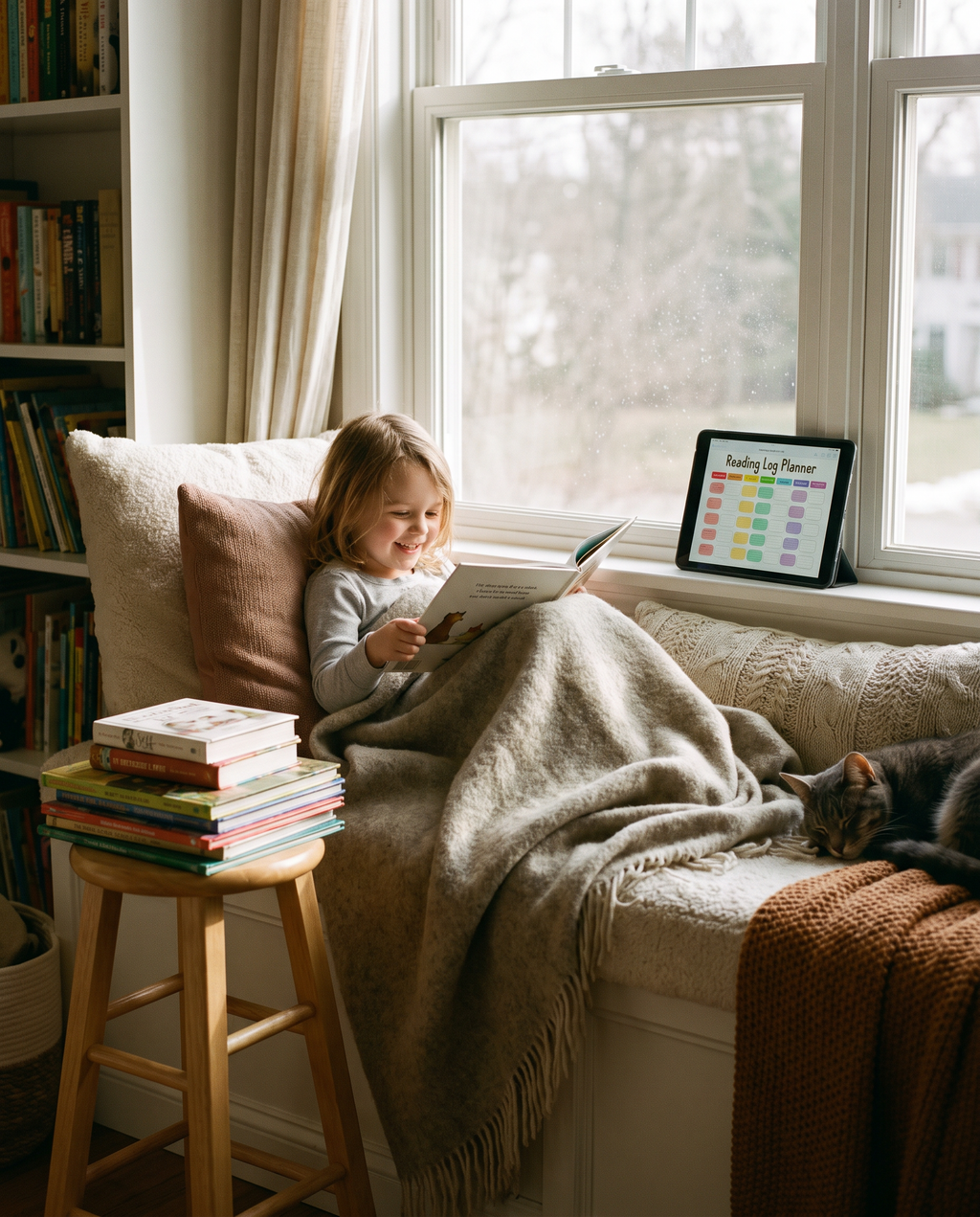 Child reading in a cozy nook with the Amberwell Reading Log page nearby
