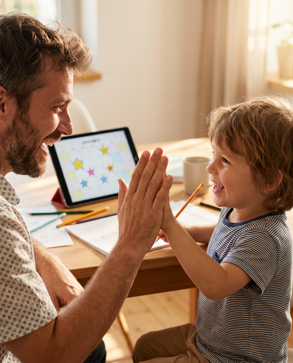 Parent giving a child a proud high-five over a completed page in the Amberwell Child Study Planner