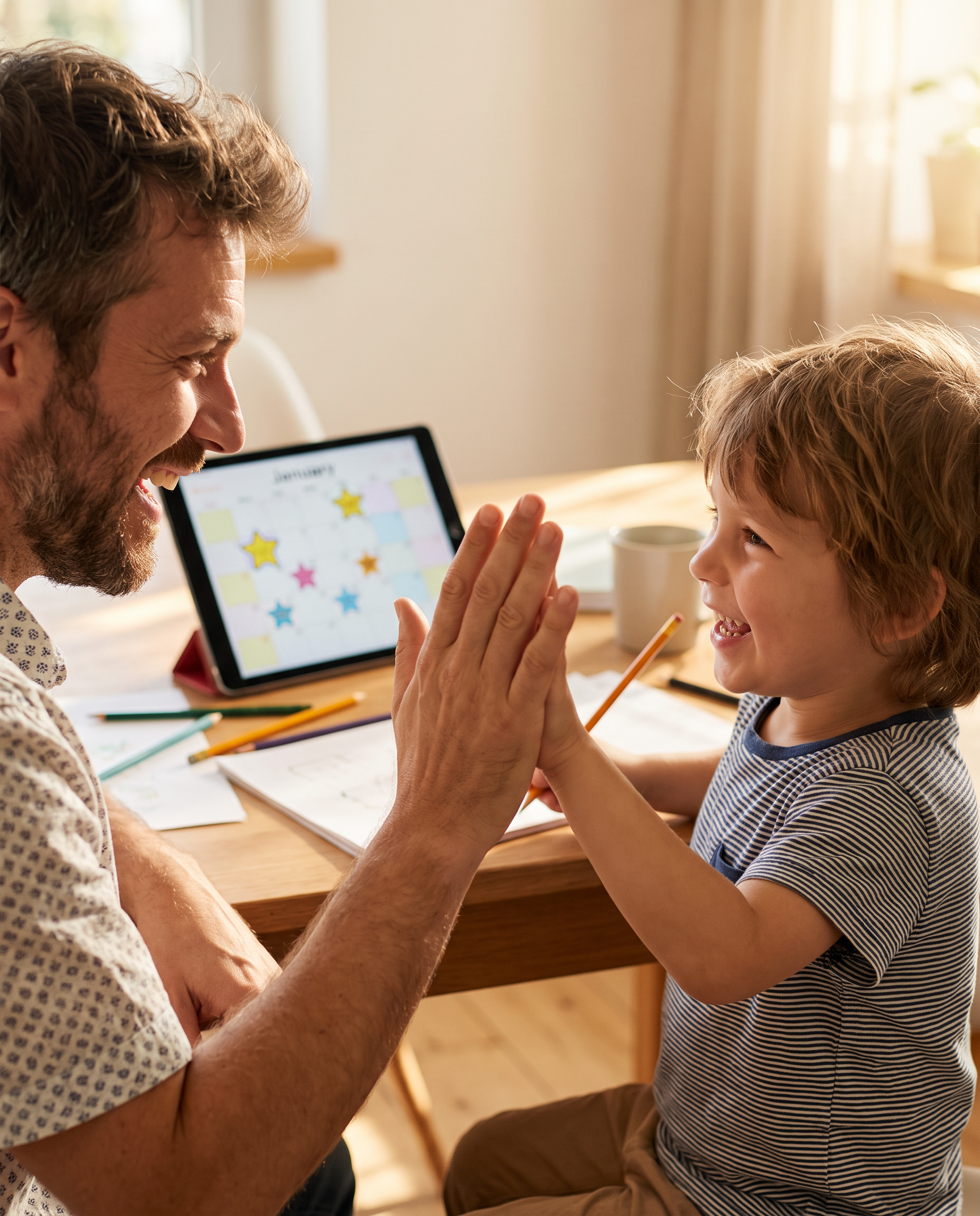 Parent giving a child a proud high-five over a completed page in the Amberwell Child Study Planner